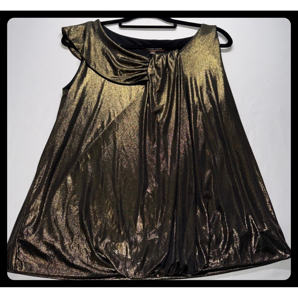Adrienne Vittadini Studio Top Women L Gold Metallic Draped Sleeveless Blouse Par